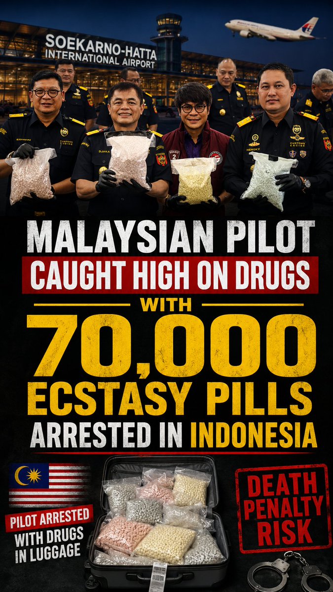 Myanmar_Watch12's tweet photo. 🚨 #Malaysian pilot arrested in #Indonesia after authorities allegedly seized 70,000 ecstasy pills from his luggage.He reportedly tested positive for meth,MDMA,and cocaine,and could face the death penalty under Indonesian law.
#breakingnews  #drugbust #aviation #worldnews #crime https://t.co/h181D9RgFm