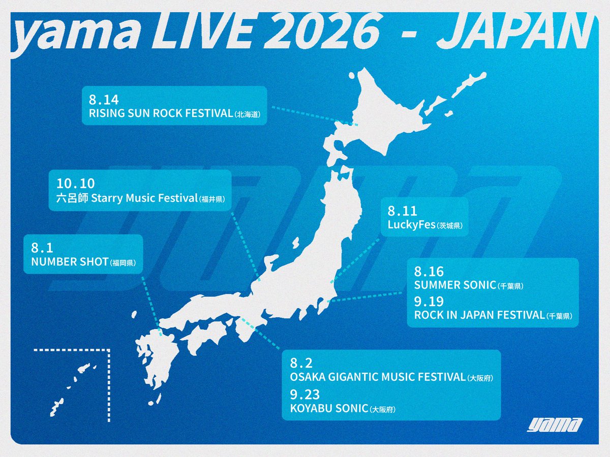 yama_official0's tweet photo. 今日から8月☀️国内&海外飛び回ります✈️

▶︎8月のyama
8/1 福岡　NUMBER SHOT2026
8/2 大阪　OSAKA GIGANTIC MUSIC FESTIVAL 2026
8/8 台北　CENTRAL MUSIC & ENTERTAINMENT FESTIVAL 2026
8/11 茨城　LuckyFes'26
8/14 北海道　RISING SUN ROCK FESTIVAL 2026 in EZO
8/16 千葉　SUMMER SONIC 2026
8/21 ニューヨーク　Anime NYC 2026