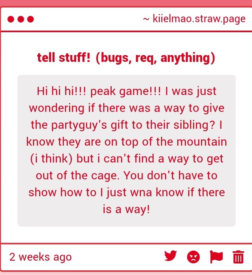 mogipoor's tweet photo. yes.. theres a way out..
the gifting is bugged though, too lazy to fix it. plus the world is being revamped soon so. https://t.co/CBRMFLyj5L
