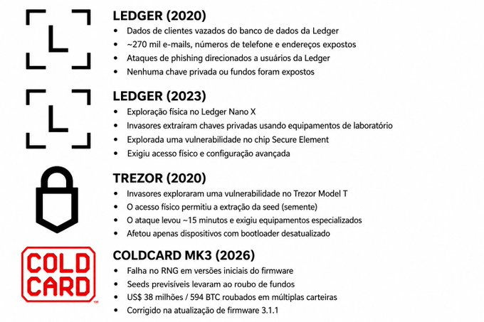 stackfy's tweet photo. O que esses 4 incidentes ensinam sobre segurança com carteiras físicas"

Ledger (2020): risco de dados pessoais → cuidado com phishing

Ledger (2023): ataque físico avançado → não adianta só comprar, tem que guardar bem

Trezor (2020): firmware desatualizado = porta aberta

Cold Card (2026): RNG é crítico → atualize sempre o firmware

- - -
Nenhuma carteira é invulnerável. O que importa é: camadas de segurança, atualizações e boas práticas.