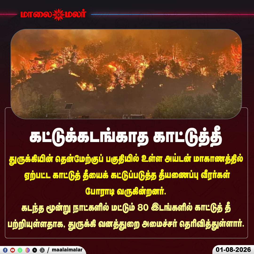 maalaimalar's tweet photo. கட்டுக்கடங்காத காட்டுத்தீ
#Turkey #Wildfire #ForestFire #Aydin #BreakingNews #ClimateCrisis #Firefighters #Emergency #NaturalDisaster #WildfireAlert #Environment #GlobalNews #DisasterNews #ClimateChange #TurkeyNews #WorldNews #Maalaimalar #TamilNews #NewsUpdate #Trending https://t.co/WMThWSDIyQ