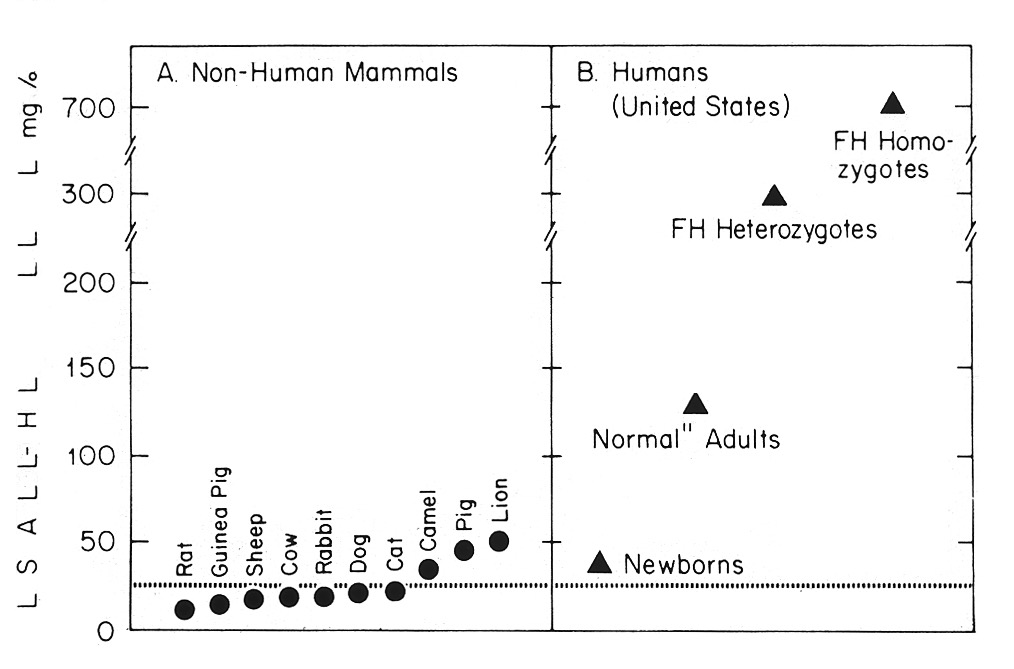 Lpa_Doc's tweet photo. The ideal LDL-C level is likely what a newborn is born with, similar to most, but not all animals except carnivores, which don't live long enough to get athero. They are also very active. Typically it is 20-40 mg/dl. More than that is not needed for any physiological function. Natural PCSK9 loss of function has low lifetime LDL (40-80 mg/dL)  and ~85% less lifetime risk of CAD. Note its not 0, so others factors contribute.