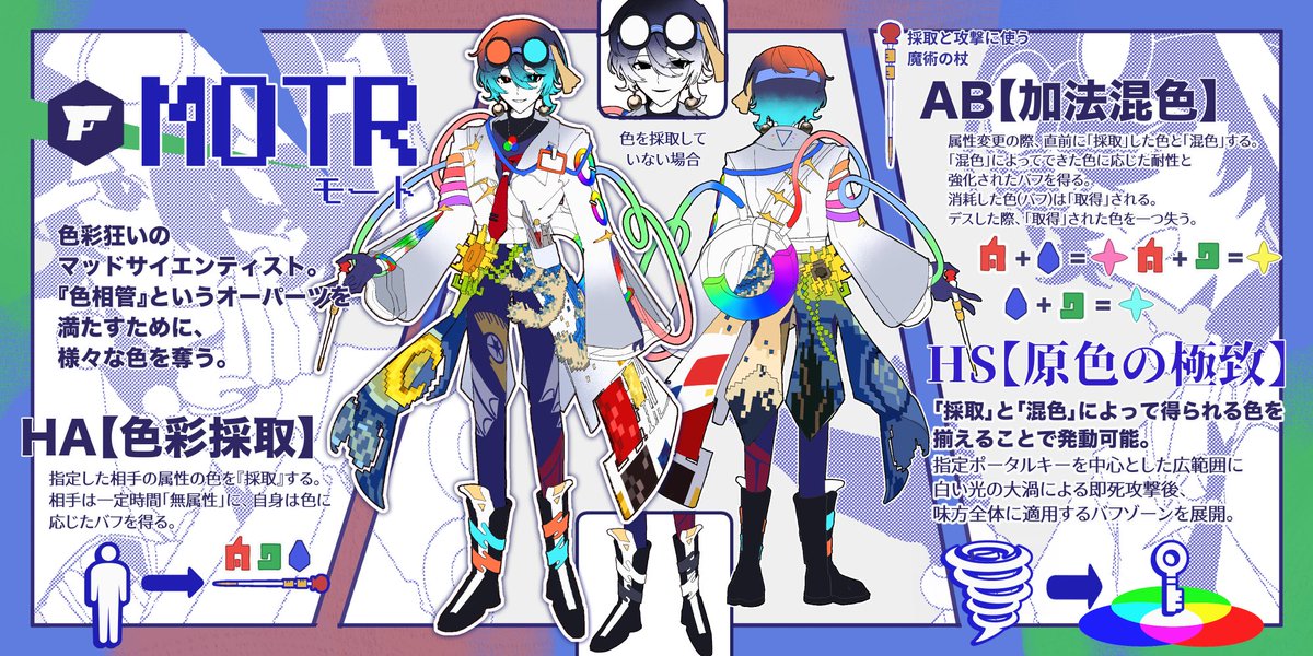 shinsei_nova2's tweet photo. 【ガンナー】MOTR(モート)

混色して新しい属性を作っちゃう
色彩狂いのサイエンティストガンナー、MOTRです🧬💊
よろしくお願いします🙇
#ヒーローデザインコンテスト
#ヒーローデザインコンテスト6th
--------------
https://t.co/44LVGfU0f4 https://t.co/kDzrwHBV7d
