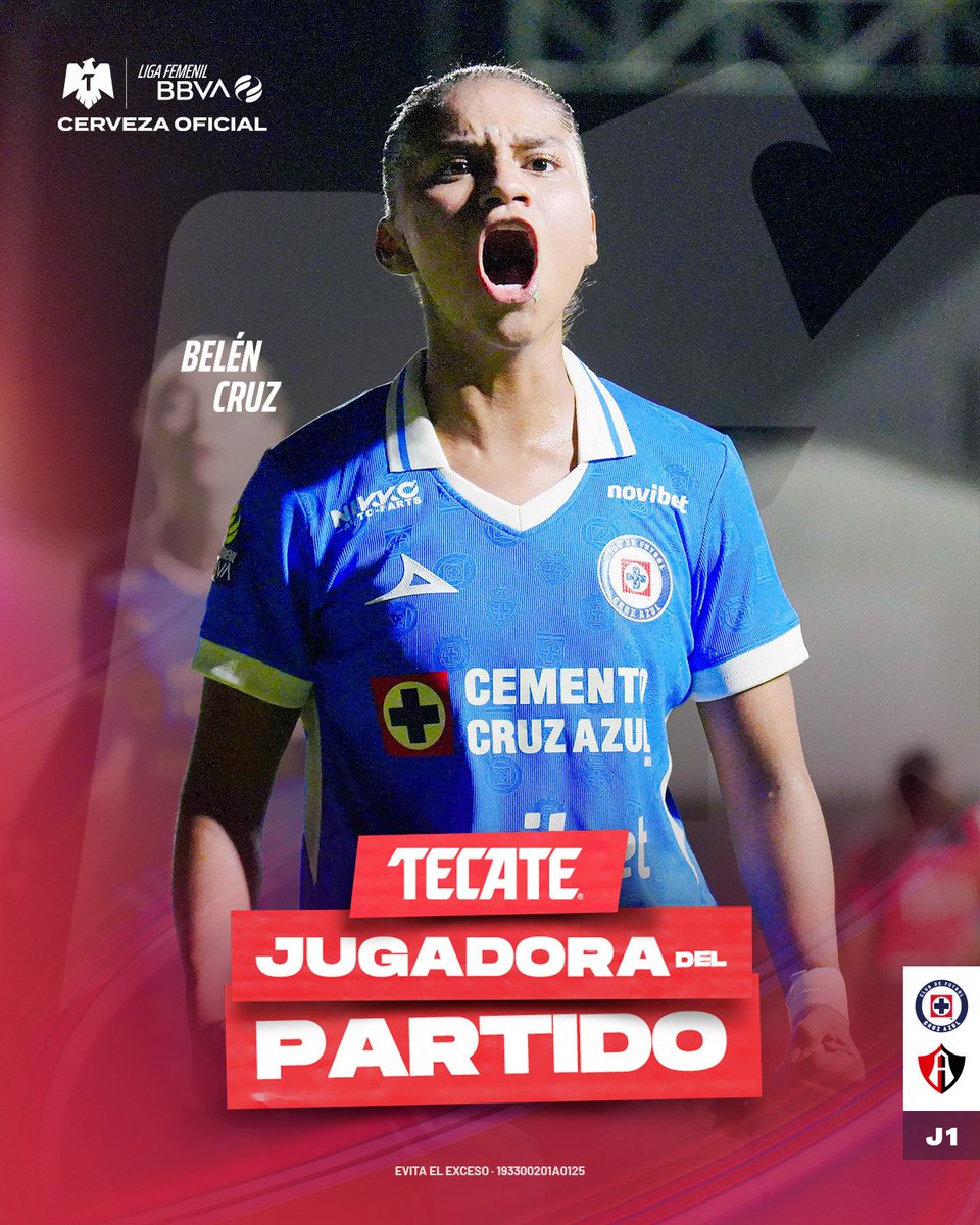 LigaBBVAFemenil's tweet photo. #TecateJugadoraDelPartido | Belén Cruz 🏅
Tú votaste y la elegiste como la más destacada de esta noche. 🫵🏼
🤩 Marcó su primer gol con Cruz Azul y asistió en esta J1. 🐥
@CervezaTecate | #TecatePorTi | #CAZvsATS https://t.co/2G94ib3CIM