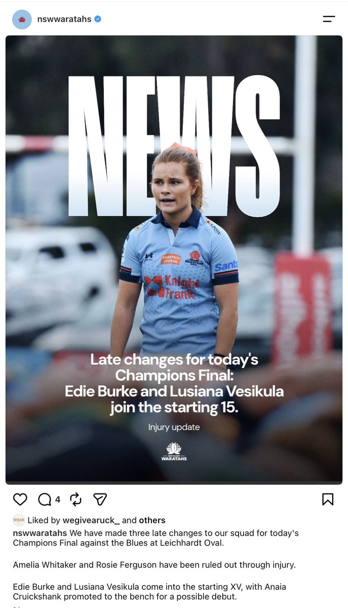 Hugh_96's tweet photo. Well, let’s just say that’s a bit of a blow #understatement. And Desi Miller already out. Anaia Cruichshank isn’t even on the Tahs website of squad players.
Go well Tahs. https://t.co/n9IR3K1Kdd