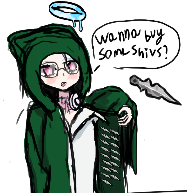7sAte9's tweet photo. kumo said to make a doodle of kk opening her cloak saying "wanna buy some shivs" so i made a real quick one https://t.co/yx1MHyLzlX