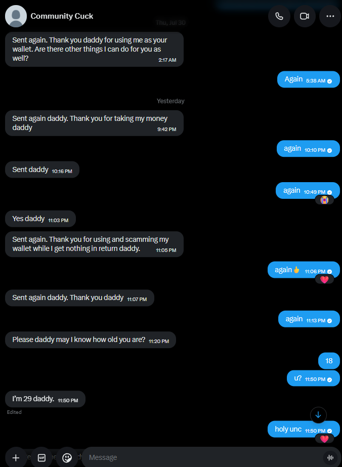Cockextractor's tweet photo. imagine sending over n over again just for the 'again' text😵‍💫😵‍💫😵‍💫

u uncs are mogged so easily🥴🖕

enter my dms on ur knees, unc. i wanna put u to work for my lazy neet cock🫵 https://t.co/xKvUpv8Ynt