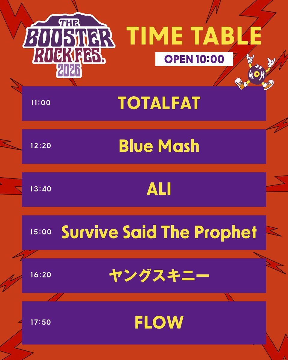 donanrockfes's tweet photo. 【THE BOOSTER ROCK FES. 2026 タイムテーブル解禁】

10月10日(土)開催！
「THE BOOSTER ROCK FES. 2026」のタイムテーブルを発表します！

会場は北海道函館市「緑の島」
三方を海に囲まれた、この場所だけの景色が広がるステージです🌊

▼出演アーティスト（出演順）
⚡️11:00~ TOTALFAT @TOTALFAT_crew
⚡️12:20~ Blue Mash @Blue_Mash_band
⚡️13:40~ ALI @ALI_MUSIC_DANCE
⚡️15:00~ Survive Said The Prophet @SSTPofficial
⚡️16:20~ ヤングスキニー @yang_skinny
⚡️17:50~ FLOW @FLOW_official

この6組が、この順番で並ぶのは、この日だけ！
10月10日、緑の島でみんなで最高の1日をつくりましょう🚀

#THEBOOSTERROCKFES2026 #函館