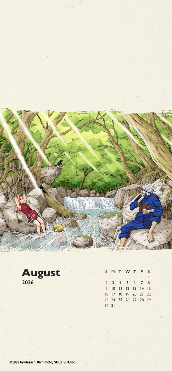NARUTO_info_en's tweet photo. Happy August!
The first of our calendars for the month features Team Seven cooling off by a river!

#NARUTO https://t.co/xzFFCBtNyH