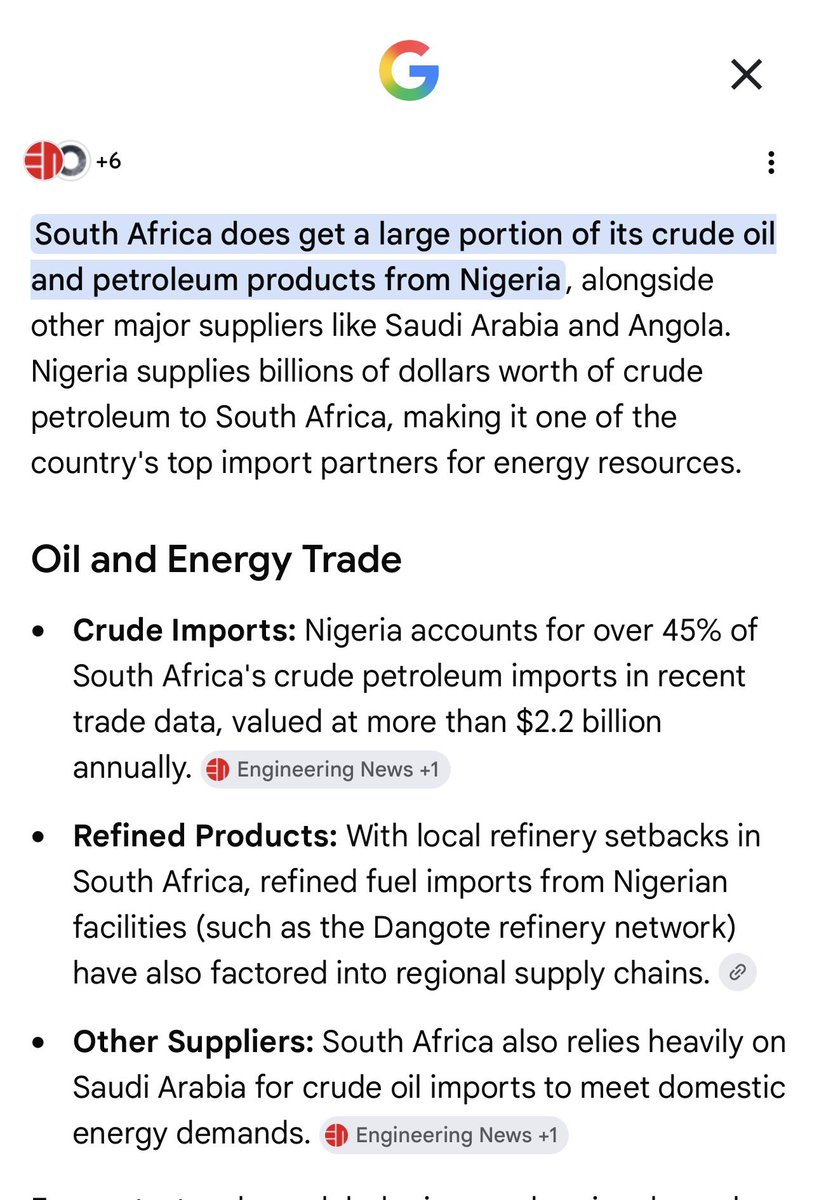 evidence_247's tweet photo. @Ehix07 Did you know that South Africa imports 45% of it’s crude petroleum from Nigeria?

Considering the current tensions in the Middle East, Nigeria has become their main supplier. 
What if Nigerians calls on their Government to halt oil and gas exports to South Africa? 
SA🇿🇦 Economy💀 https://t.co/5zOOCnZdnQ