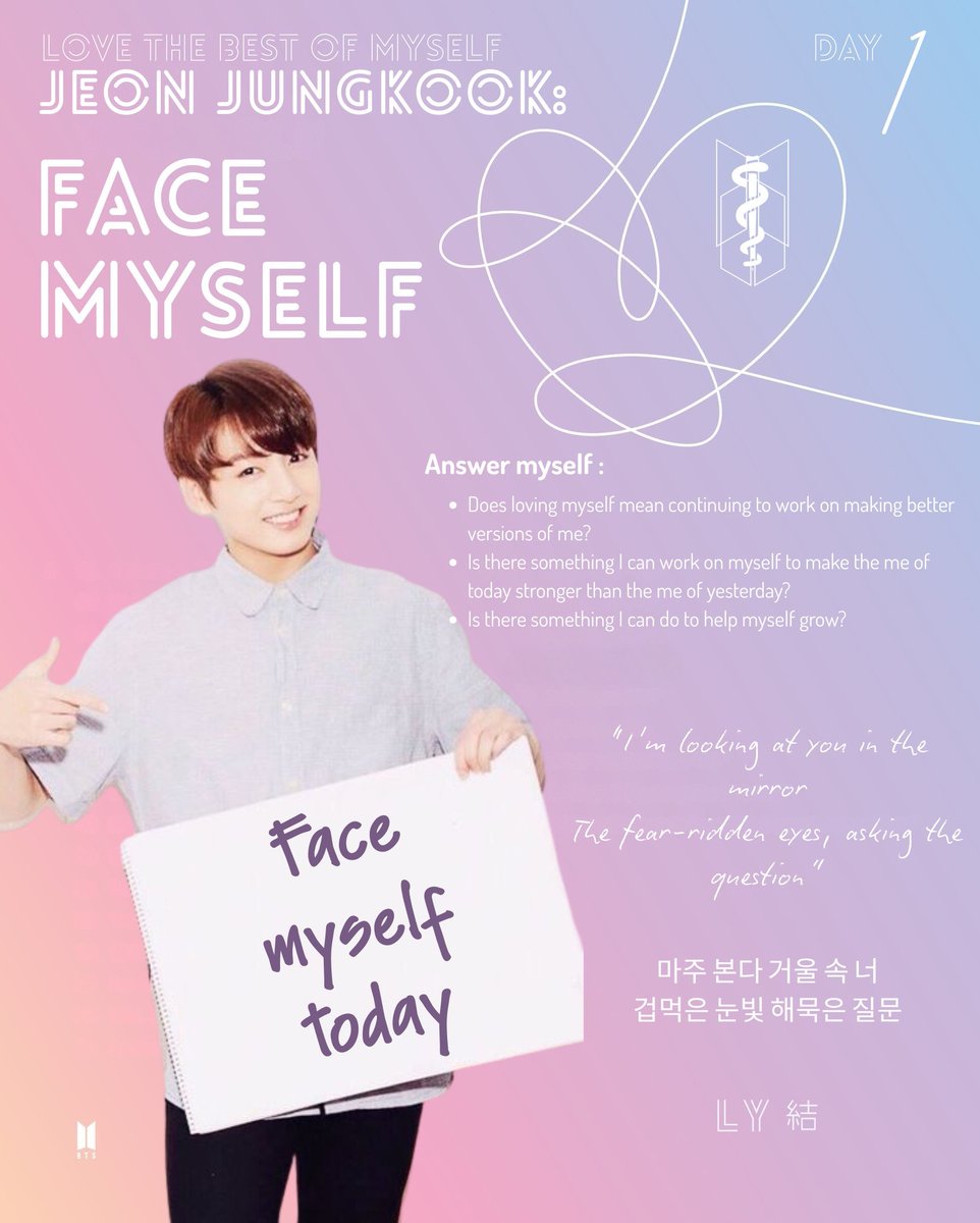 armymedunion's tweet photo. @BTS_twt To kick off we're starting with our maknae for Day 1.

To be human means we have room to improve. What does it mean for you to strive to be golden like JK? When I look in the mirror, is there something I can work on to be a better version of me? Face myself.

#LoveTheBestOfMyself https://t.co/XhuZK8q1HP