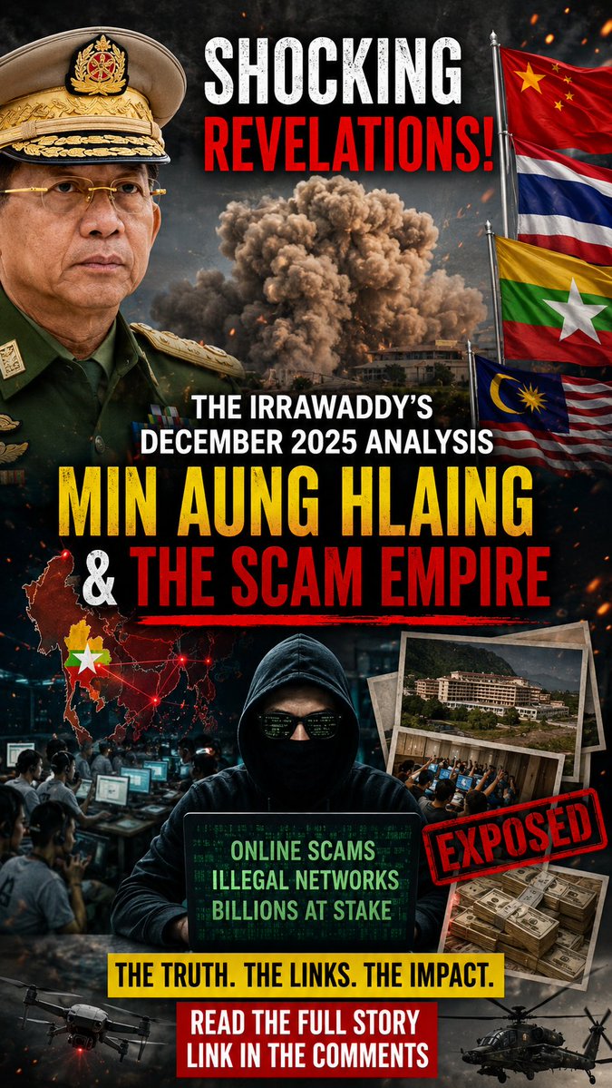Myanmar_Watch12's tweet photo. An opinion piece revisits allegations &amp; perspectives on #Myanmar 's scam networks &amp; the role of military leadership, originally published in December 2025. Read the analysis &amp; explore the broader context #WhatsHappeningInMyanmar #ScamCenters #CyberCrime #SoutheastAsia #NewsUpdate https://t.co/DJdgFoUwvU