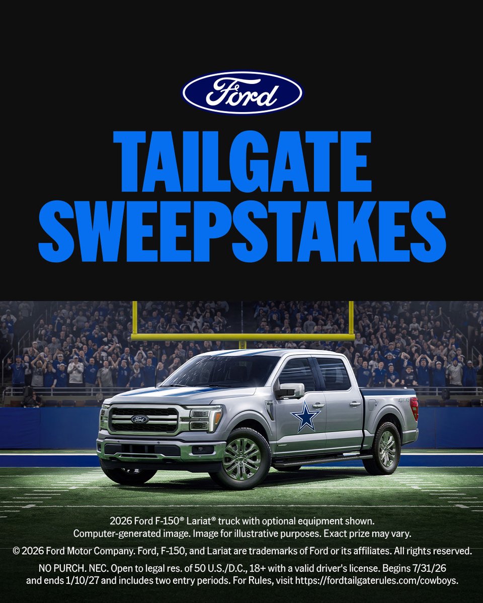 greatertxford's tweet photo. Enter now for a chance to win the Ford Tailgate Sweepstakes and win tickets to a Dallas Cowboys regular season game (includes flights and hotel). Plus, you could win the grand prize: a custom, Cowboys-wrapped 2026 Ford F-150® Lariat® model. 
https://t.co/z1r9wBbR8W https://t.co/T9N2EfrtHw