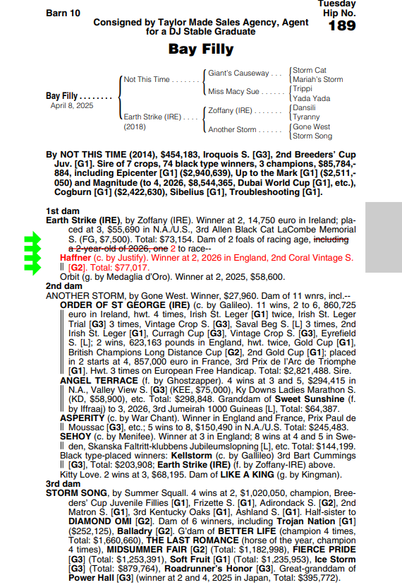 HawkstoneTB's tweet photo. Very excited to see a recommended mating in the Saratoga sale! I did a report on Earth Strike for @JonGreen2022 in 2022, and Not This Time was my top pick for her. This should be a very classy turf filly and I'll be following her closely! https://t.co/tBM6TMEl1r