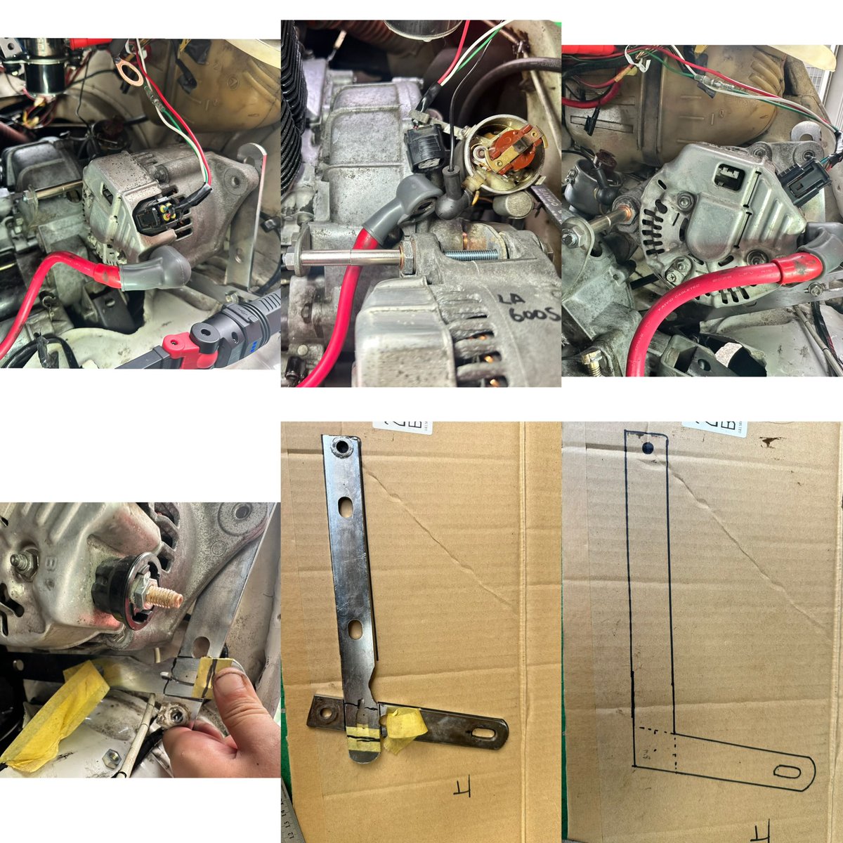 subaru360Kenty's tweet photo. お盆明けに取材が決まったので作業を進める
シリンダーを戻してクラッチ側を見てみる
オイル滲みを清掃
オルタネーターの取り付けを見直し
ステー作成の為、１回当ててみる
イメージ出来たので、材料そろえて後で作成する
使用する純正ステーをブラスト https://t.co/8ARf5WNJ5w