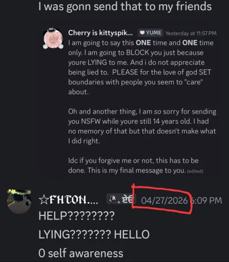 Farfalla_Hour's tweet photo. (Same day where Cherry cut off Anon, the person they groomed)
Cherry 😂😂😂😂😂😂😂😂holy shit bro imagine calling the person you groomed like some sort of traitor THEY HAVEN'T EVEN SPOKEN TO YOU YET but Ig you saw my document update first?? Literal moron https://t.co/nIRkON33Rh