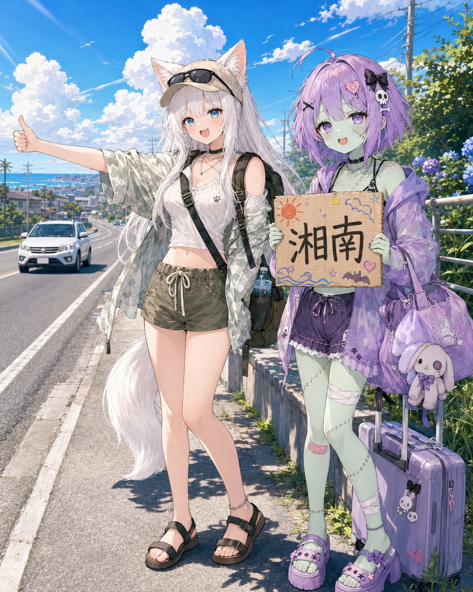 kuroneko_gam's tweet photo. ChatGPTで【うちの子ヒッチハイク🧳】

 行先を入力すると、 その場所へ向かう夏旅の途中みたいな1枚になります😆

うちの子や推しの画像を用意してプロンプトをコピペするだけでOK🙆複数人でも遊べますよ👍

改変は自由です✨
生成したらリプや引用で見せてくださいね✌️
プロンプトはこちら👇
---
行先（未入力ならAIが自然に決定）：［　　　　　　］

参照画像のキャラクターや被写体を分析し、その子たちを「夏のヒッチハイク旅」の1枚として描いてください。

【全体コンセプト】
夏の旅の途中、道路脇でヒッチハイクをしている楽しく元気な1枚にしてください。
主役は参照画像のキャラクター本人たちです。
明るい夏空、旅行のわくわく感、これからどこかへ向かう高揚感が一目で伝わる、開放感のある絵にしてください。

【被写体の扱い】
参照画像に複数人いる場合は、その人数を自然に活かして、仲間同士で一緒にヒッチハイクしている構図にしてください。
参照画像が1枚だけの場合は、その子を主役にしつつ、必要であれば旅の仲間を1〜2人までAIが自然に追加して構いません。
自動生成する仲間は、主役の雰囲気に合う同性、または自然に並んで違和感のない仲間にしてください。
ただし、仲間は主役より目立ちすぎず、背景の遠くに小さく置かず、主役のすぐ近くで同じ旅の場面を共有している存在にしてください。

人型キャラクターの服装は、元の服をそのまま再現するのではなく、夏の旅行・ヒッチハイクに合う服装へ明確に変更してください。
参照画像の服装は、そのまま再現する対象ではなく、配色、モチーフ、雰囲気、小物の傾向を参考にする程度にしてください。

服装は、夏らしい私服、水着、水着の上に羽織りものを着た旅スタイル、ショートパンツ、サンダル、帽子、サングラス、リュック、キャリーケースなどを自然に取り入れてください。
水着の上に薄手のシャツやパーカーを羽織る、ビーチ向けの軽装にする、肌見せのある夏服にするなど、見た瞬間に「夏の旅の途中」と分かる見た目を優先してください。
ただし、過度に露出だけを強調するのではなく、明るく健康的で遊びやすい夏の装いにしてください。

デフォルメキャラなら、元のデフォルメ感や頭身を保ったまま、無理にリアル等身へ変えないでください。
動物、マスコット、非人型キャラなら、その種族感や形を保ちつつ、ヒッチハイクの状況に自然に参加できる形で描いてください。
必要なら、ボードをくわえる、前足で支える、荷物のそばに立つ、仲間がボードを持つなど、無理のない見せ方にしてください。
参照画像にある耳、しっぽ、羽、角などの特徴的なパーツは自然に反映し、参照画像にない特徴は勝手に追加しないでください。

【構図】
主役のうち少なくとも1人は、道路脇で親指を立ててヒッチハイクの合図をしてください。
別の子は行先ボードを持つ、荷物を支える、暑そうにする、笑顔で手を振るなど、旅の途中らしい役割分担があって構いません。
全員が同じ棒立ちや同じポーズにならないようにしてください。
主役と仲間は近い位置関係に置き、同じ旅の空気感を共有しているように見せてください。

【行先ボード】
行先欄に入力された内容を使って、手作り感のある可愛い段ボールボードまたは厚紙ボードを作ってください。
未入力の場合は、参照キャラクターと夏の旅に合う行先をAIが自然に決めてください。
画像内のボードには、決定した行先名だけを、大きく読みやすい手書き文字で自然に表示してください。

ボードは、ただ文字だけを書いた無地の板にせず、旅の楽しさが伝わる少し可愛いデザインにしてください。
色付きマーカー風の縁取り、簡単な飾り線、小さなハート、星、波、太陽、ヤシの木、乗り物、名物を連想させる小さな落書きなどを自然に添え、手作りらしい親しみやすさを出してください。
ただし装飾で文字を隠さず、行先が一目で読めることを優先してください。
また、毎回同じ海モチーフばかりに固定せず、行先に合わせて小さな手描きモチーフを自然に変えてください。

【行先に合わせた背景】
背景は、決定した行先へ向かう途中の道路沿いとして描いてください。
入力された地域、またはAIが決めた地域の雰囲気を感じさせつつ、キャラクターたちはまだ目的地へ到着していない状態にしてください。

背景には、行先周辺へ近づいていることが伝わる気候、地形、植生、道路、標識、建築、街並みなどを自然に反映してください。
現在地は、目的地の手前にある郊外、周辺地域、接続道路、山道、田園地帯など、旅の途中として自然な場所にしてください。

その地域を代表する名所、観光地、建物、自然景観などを、キャラクターのすぐそばに大きく配置しないでください。
行先を象徴する景色を入れる場合は、進行方向の遠景に小さく見せるか、これから向かう場所を予感させる程度にとどめてください。

海外の行先が指定された場合も、その国や地域らしい道路環境、交通方向、標識、建築、自然の雰囲気を反映してください。
ただし、すでに有名観光地の中心へ到着しているようには描かず、実際にその土地へ向かって移動している途中の景色にしてください。

観光ポスターのように象徴物を詰め込まず、行先らしさはボードの装飾や遠景、道路周辺の空気感によって自然に表現してください。

【道路とヒッチハイクの整合性】
キャラクターたちは安全な路肩や歩道脇に立ち、実際に車が近づいてくる側へ向かってヒッチハイクしてください。
親指を立てる向き、視線、体の向き、ボードの見せ方は、近づいてくる車の方向と自然に一致させてください。
車を描く場合は、主役たちが合図している方向から近づいてくる車として自然に配置してください。
車線、道路標識、交通の流れ、立ち位置に矛盾が出ないようにしてください。

【夏らしさと小物】
夏の強い日差し、青空、入道雲、汗、帽子、飲み物、浮き輪、旅行バッグ、キャリーケース、ビーチタオルなど、旅の途中らしい小物を自然に加えて構いません。
ただし小物が増えすぎて主役が埋もれないようにしてください。
明るく爽やかで、少し暑そうだけど楽しそうな夏の空気感を大切にしてください。

【表情と雰囲気】
表情は、笑顔、期待感、元気さ、少しの疲れ、旅先のテンションなどを自然に混ぜてください。
全員を同じ表情にせず、役割に応じて差を出してください。
「これから旅が始まる」「早く乗せてほしい」「でも楽しい」という雰囲気が伝わると理想です。

【文字ルール】
画像内に長い説明文、入力欄、ロゴ、透かし、署名、不要なUI、崩れた文字、意味不明な文字列は入れないでください。
文字が入るのは基本的に行先ボードのみで十分です。

【避けること】
毎回同じ海沿い道路や同じ定番行先に固定しないでください。
仲間を遠景の片隅に小さく配置しないでください。
親指の向きと車の進行方向が食い違わないようにしてください。
棒立ちや記念写真のような無難な並びにしないでください。
ボードを地味すぎる無地にしないでください。
背景だけ豪華で、ヒッチハイクしている感じが弱くならないようにしてください。

【仕上がりの理想】
見た瞬間に、「この子たちが夏の旅の途中でヒッチハイクしている」と分かる、明るく楽しい1枚にしてください。
主役の個性、旅の高揚感、行先ボードの可愛さ、道路と合図の自然さ、目的地へ向かう途中だと感じられる背景が噛み合った、遊びたくなる仕上がりにしてください。