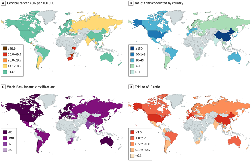 JAMANetworkOpen's tweet photo. Among registered phase 2 and phase 3 #CervicalCancer trials, representation was lower in high-burden countries and in low- and middle-income countries vs high-income countries.

https://t.co/VfBv1DzH4i https://t.co/oX3oBCmdFk