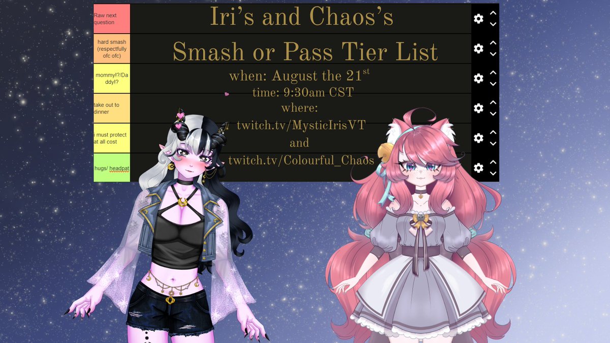 mysticIris_'s tweet photo. β¨ SMASH OR PASS TIER LIST TIME β¨
CHAOS AND I WILL BE HAVING A SMASH OR PASS TIER LIST ON MY BIRTHDAY!!!
PLEASE DROP YOUR PNGS WITH YOUR PRONOUNS AND A SHORT DESCRIPTION!
NO AI
NO NSFW
WE CANT WAIT TO SEE EVERYONES MODELS!!!
#vtuber #VtuberEN #vtubers https://t.co/DdoKf9mSGr