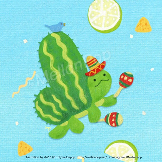 MellonPop's tweet photo. 【8月の壁紙配布🇲🇽】

8月のスマホ用カレンダー壁紙を作りました！

今月は、Salsa de Cactus🪇

サボテンガメさんはメキシカンの陽気なリズムでマラカス振って♪

ライムの香りで爽やかに、ピリッと効かせたスパイスで引き締めて...！

この夏も元気に乗り切れますように♪

🌵#cactus×#tortoise🐢 https://t.co/C50rkxiNZf