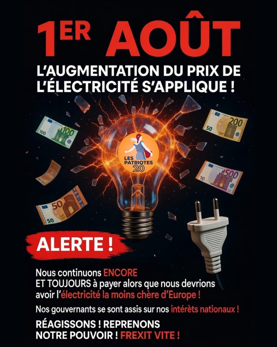 castadominique1's tweet photo. ⚡ 1ER AOÛT : ON VOUS PREND ENCORE PLUS D’ARGENT ! 💥💰

L’électricité augmente ENCORE alors que la France devrait avoir la moins chère d’Europe grâce au nucléaire. 🇫🇷
Bruxelles + spéculation = facture qui explose
Assez. 🛑
FREXIT VITE. 🔥
#SouverainetéÉnergétique #FrexitVite https://t.co/7k5ieKlEQx