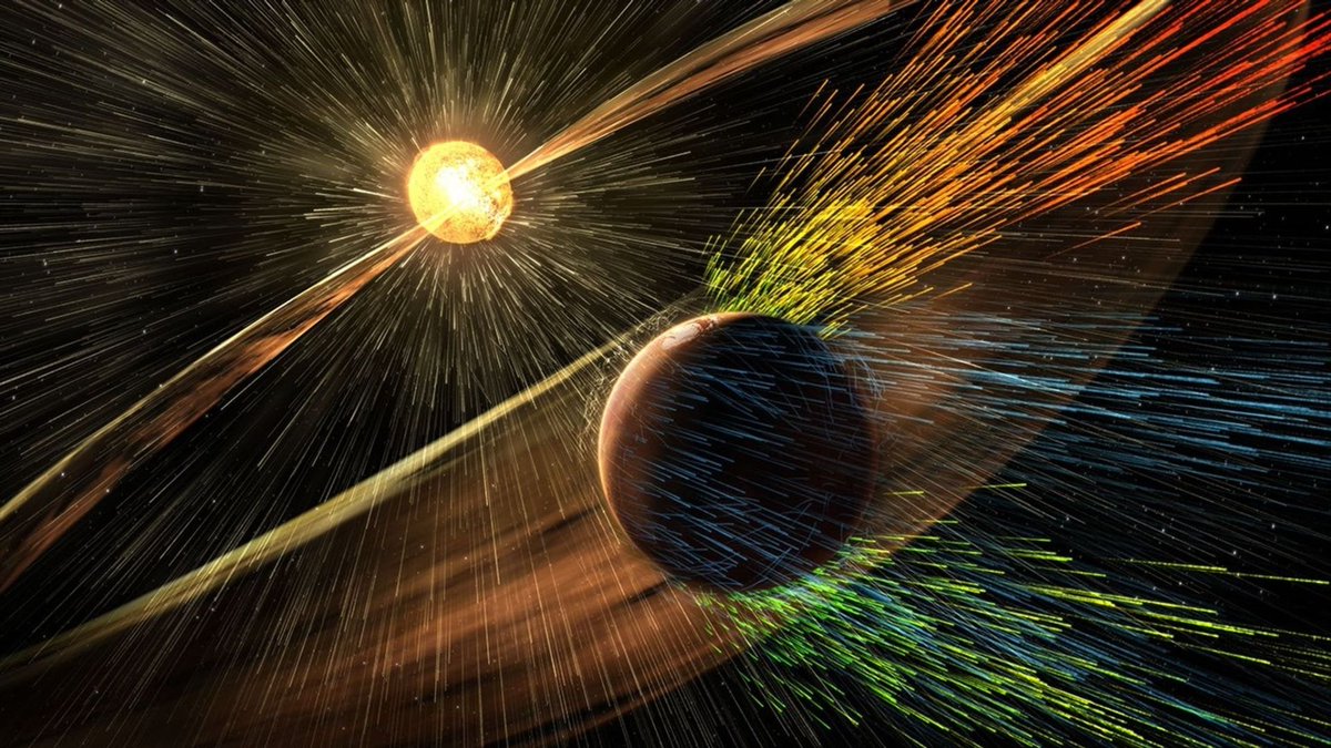 JF__Sebastian's tweet photo. This illustration depicts charged particles from a solar storm stripping away charged particles of Mars' atmosphere, one of the processes of Martian atmosphere loss studied by
MAVEN miccion https://t.co/NILpgxy8F2