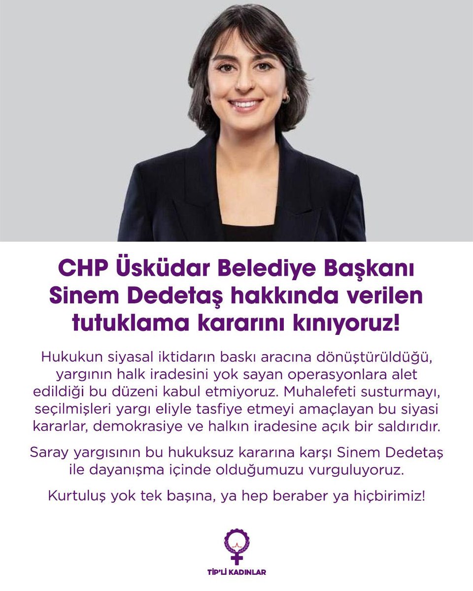 Tipli_Kadinlar's tweet photo. Saray yargısının bu hukuksuz kararına karşı Sinem Dedetaş ile dayanışma içindeyiz! https://t.co/LCYWCT8iFt