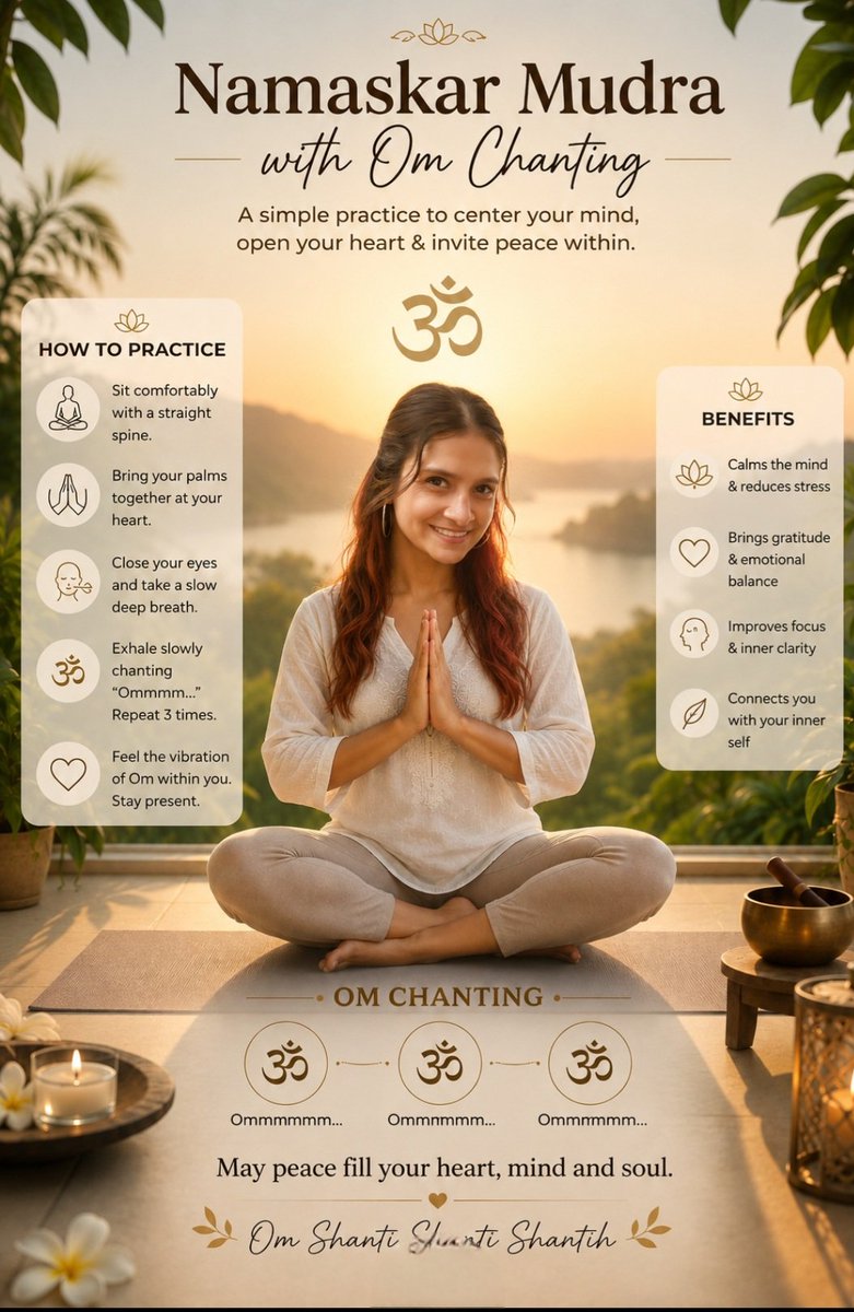 Yogaforcomposed's tweet photo. 30 seconds.
 ✨️3 Oms. 
✨️Infinite peace🕉️🙏

Start your morning,End your night with 🕉 

One Namaskar Mudra + 3 Om chants can transform your energy, calm your mind, and center your soul.

Save this &amp; make it your daily ritual. 🌿

YogaLifeAndPeace

#NamaskarMudra #OmChanting https://t.co/nw95Yutd1l