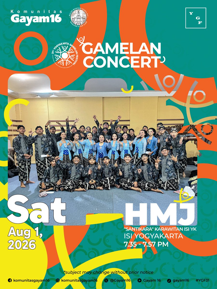 JogjaUpdate's tweet photo. Yogyakarta Gamelan Festival 2026
📅 Sabtu 1 Agustus 2026
📍 Plaza Pasar Ngasem, Yogyakarta https://t.co/ovjqYQTpaz