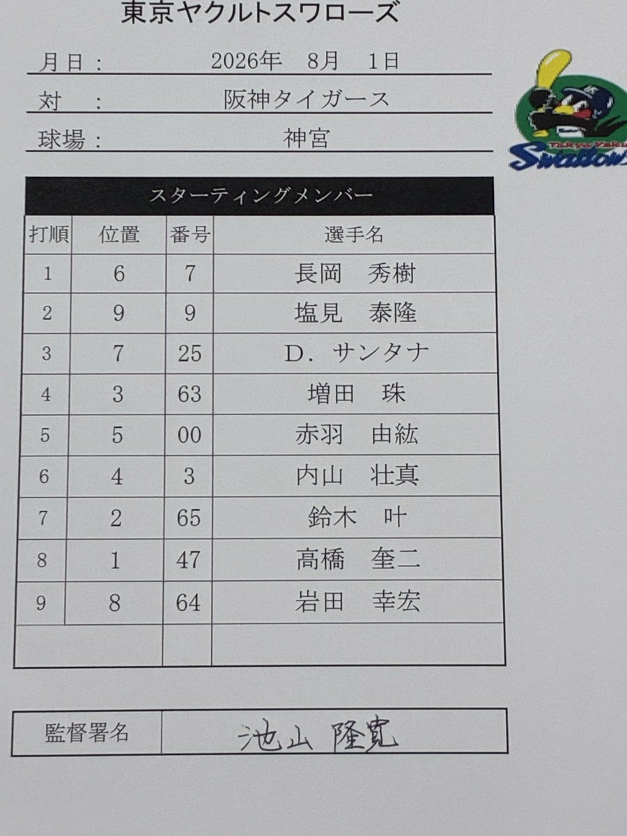swallowspr's tweet photo. 8月1日（土）
vs.阪神タイガース
東京ヤクルトスワローズ
本日のスタメン
#swallows
#燕心全開 https://t.co/UtnMmgCuEv