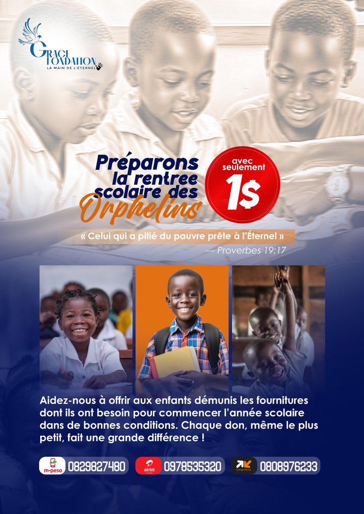 graceFondation's tweet photo. 🎒 Collecte de fonds pour la rentrée scolaire des orphelins ❤️

Ensemble, offrons à chaque enfant une rentrée remplie d’espoir. Chaque don, aussi modeste soit-il, peut faire la différence.

🙏 Merci pour votre soutien et votre générosité. https://t.co/jnGr1VRWph