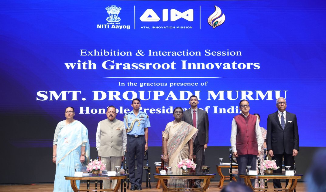 PrinSciAdvOff's tweet photo. The Hon’ble President of India, Smt Droupadi Murmu @rashtrapatibhvn, joined the Grassroots Innovators Recognition Ceremony at Rashtrapati Bhavan on 31 July 2026, where she was received by @DrJitendraSingh, Hon’ble Minister of State (Independent Charge) for Science and Technology; Prof. @AjaySoodIISc, Principal Scientific Adviser to the Government of India; and Ms Nidhi Chhibber, CEO, NITI Aayog.

Organised by the @AIMtoInnovate, the event recognised and celebrated the contributions of grassroots innovators from across the country, particularly those from tribal areas, aspirational districts and rural regions. The innovators were felicitated by Dr Jitendra Singh, Hon’ble Minister of State (Independent Charge) for Science and Technology.

The Hon’ble President, accompanied by other dignitaries, visited the exhibition, interacted with the innovators, and highlighted the role of grassroots innovation in addressing local challenges and contributing to national development.