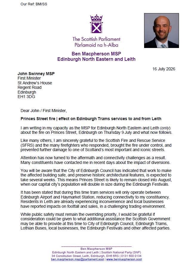 brianjaffa's tweet photo. Here’s the letter Ben Macpherson sent to the First Minister on July 16, a week after the Princes Street fire. The Edinburgh Festival - the biggest cultural event in the world - starts on Friday &amp; the government still hasn’t met the council. https://t.co/ijcjRbH7IG