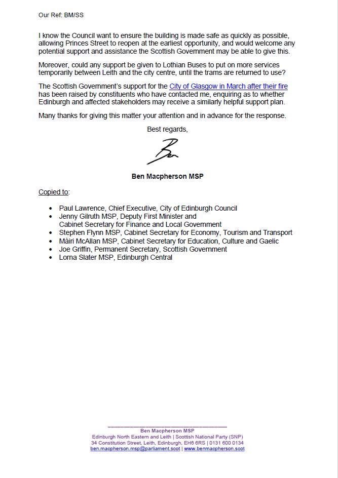 brianjaffa's tweet photo. Here’s the letter Ben Macpherson sent to the First Minister on July 16, a week after the Princes Street fire. The Edinburgh Festival - the biggest cultural event in the world - starts on Friday &amp; the government still hasn’t met the council. https://t.co/ijcjRbH7IG