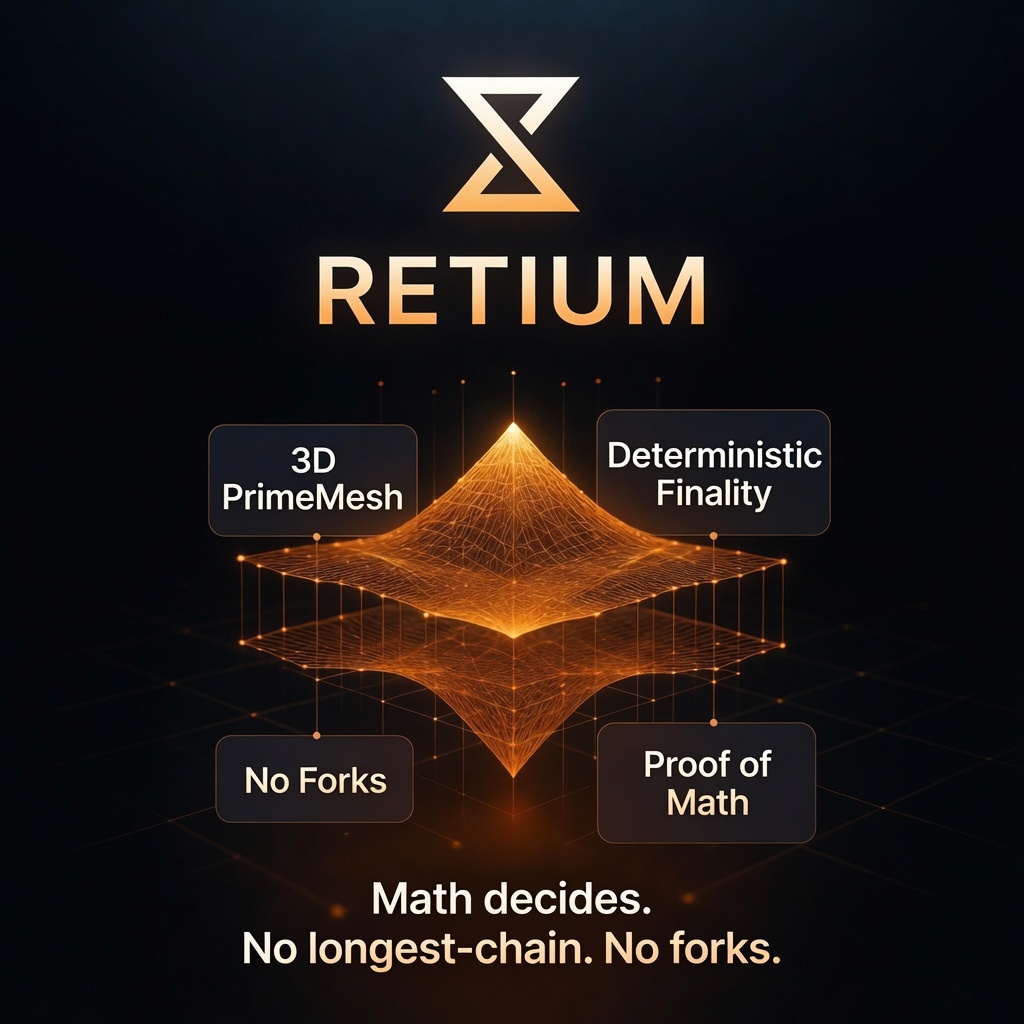 Erfan__Khani's tweet photo. In most networks you still have to wait for blocks to line up one after another and for forks to get resolved.

@RetiumChain works differently. 
Blocks grow in a 3D mesh and their position is determined by math. 
Finality is deterministic and instant - no probability, no longest-chain rule. 

No one can create a fork because the mathematics simply doesn’t allow it.  

That’s the real difference. 

#Retium #ProofOfMath #PrimeMesh #Layer1