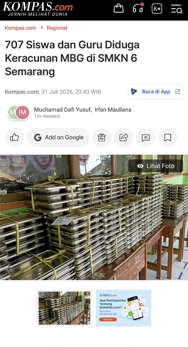aik_arif's tweet photo. Keracunan MBG di  SMKN 6 Semarang ini yg terbesar setelah huru-hara korupsi dan pergantian 2 kali Kepala BGN. 

Ini jelas bukan sekadar keracunan. Ini bukti hidup bahwa sistem MBG masih sama rusaknya, hanya ganti kemasan dan pimpinan. 

Bayangkan 707 orang (693 siswa + 14 guru) di satu sekolah keracunan dalam satu hari. SMKN 6 Semarang, 31 Juli 2026. Sehari setelah MK memutus bahwa anggaran MBG yang “menyerobot”  dana pendidikan dan melanggar UUD 45 Pasal 31.

Dan setelah ribuan anak-anak keracunan, tak ada satu pun yg dipenjara? Padahal, keracunan makanan saat kondangan saja diperiksa polisi.