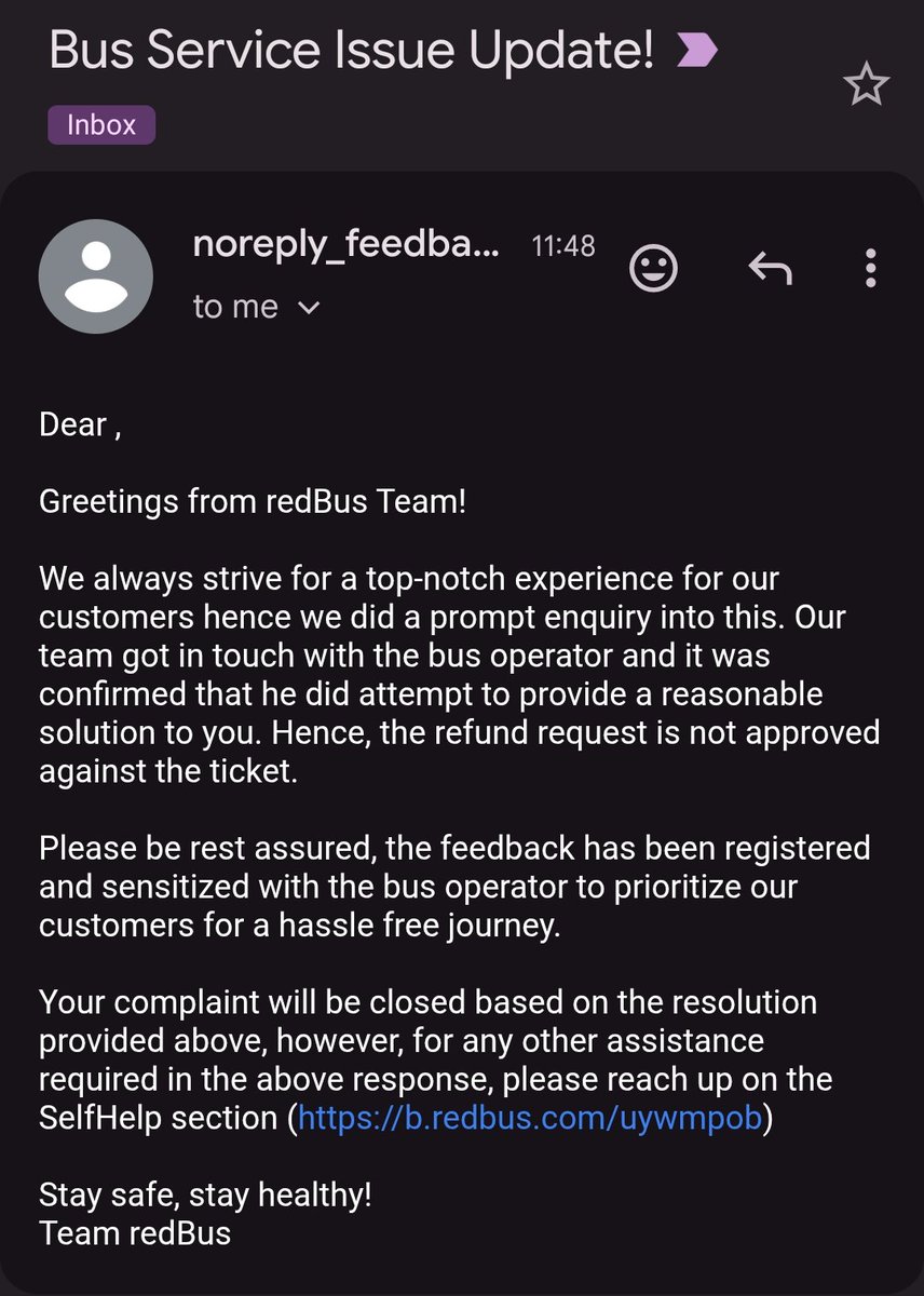 Saketh_jain's tweet photo. @redBus_in is a disappointing service provider. I specifically booked a bus with toilet via their website as I had a kid with me. But when I boarded the bus there was no toilet. When I complained to redbus, this is the response. If there is no toilet, why charge more? https://t.co/GtvBdA07GO