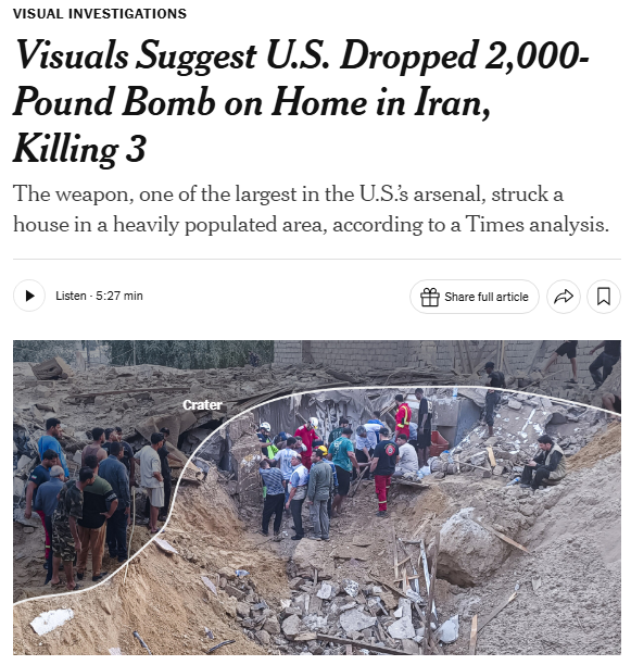 PresstvExtra's tweet photo. US strike on Qeshm killed a child with a 2,000-pound bomb 

The New York Times reported that a US strike using a 2,000-pound bomb on a residential home in Qeshm, Iran, killed three people, including a two-year-old child, with no evidence of nearby military sites or casualties. https://t.co/qnZLVFG12V