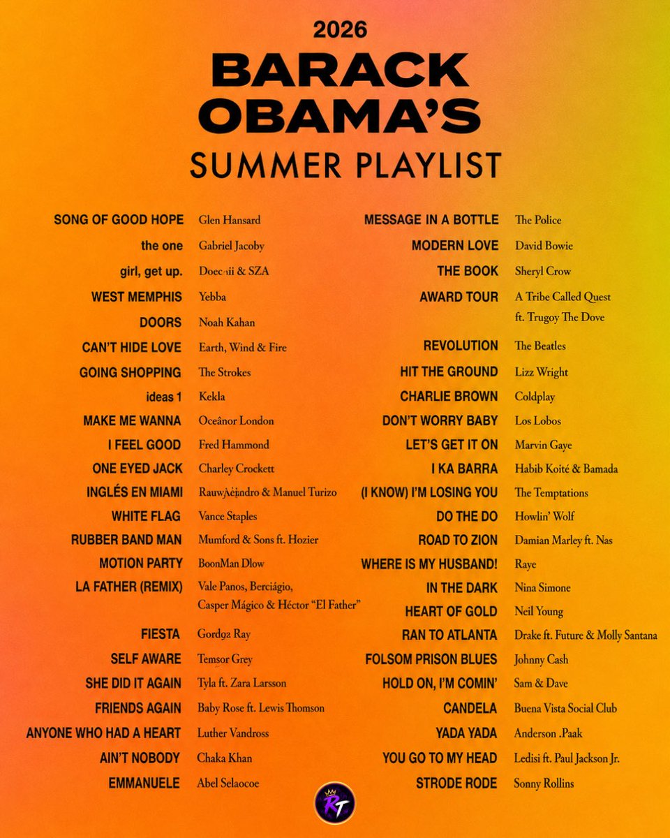 raptendance_'s tweet photo. Tradition annuelle respectée ! Comme chaque été, Obama partage sa playlist personnelle, et cette année le hip-hop y occupe une belle place avec Drake, Doechii, SZA et Vince Staples au programme.

Ça vous étonne de le voir écouter ça ? 🤔

#barackobama #drake #raptendance https://t.co/t9hwpIV7ze