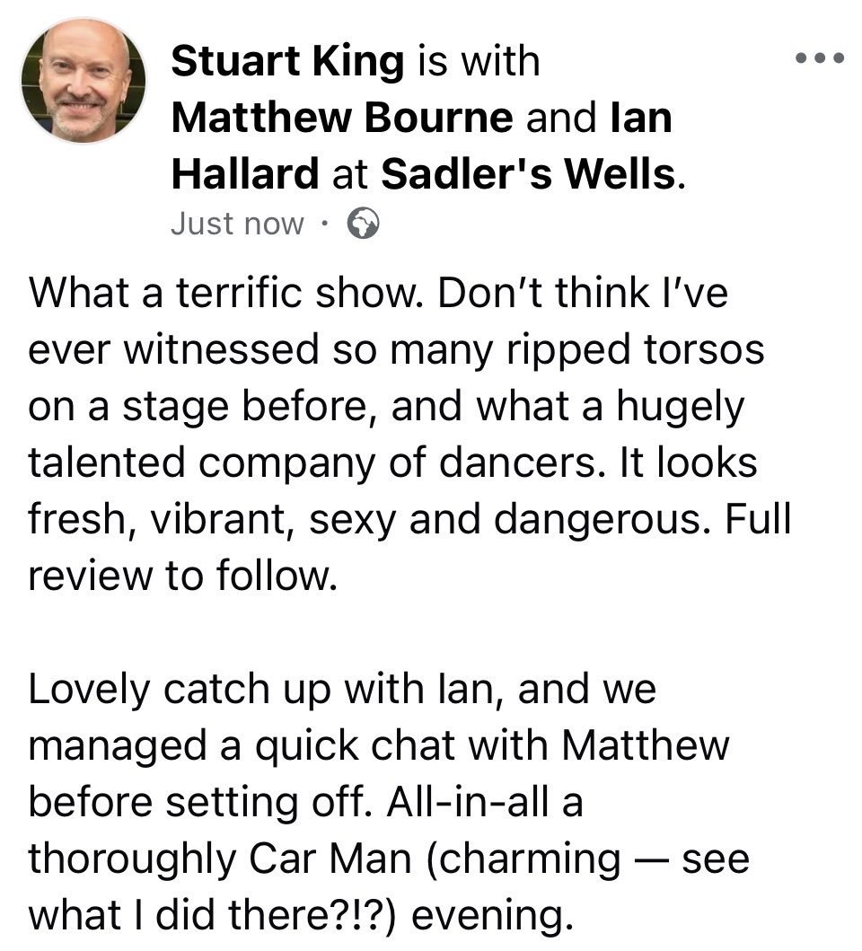 StuartReviews's tweet photo. THE CAR MAN — fresh, vibrant, sexy and dangerous. Currently playing at Sadler’s Wells. 

Hot and steamy on stage, cool and air conditioned in your seat. What more could anyone want?

@Sadlers_Wells @SirMattBourne @IanHallard @LBO_Theatre https://t.co/MdbnXQuPD9