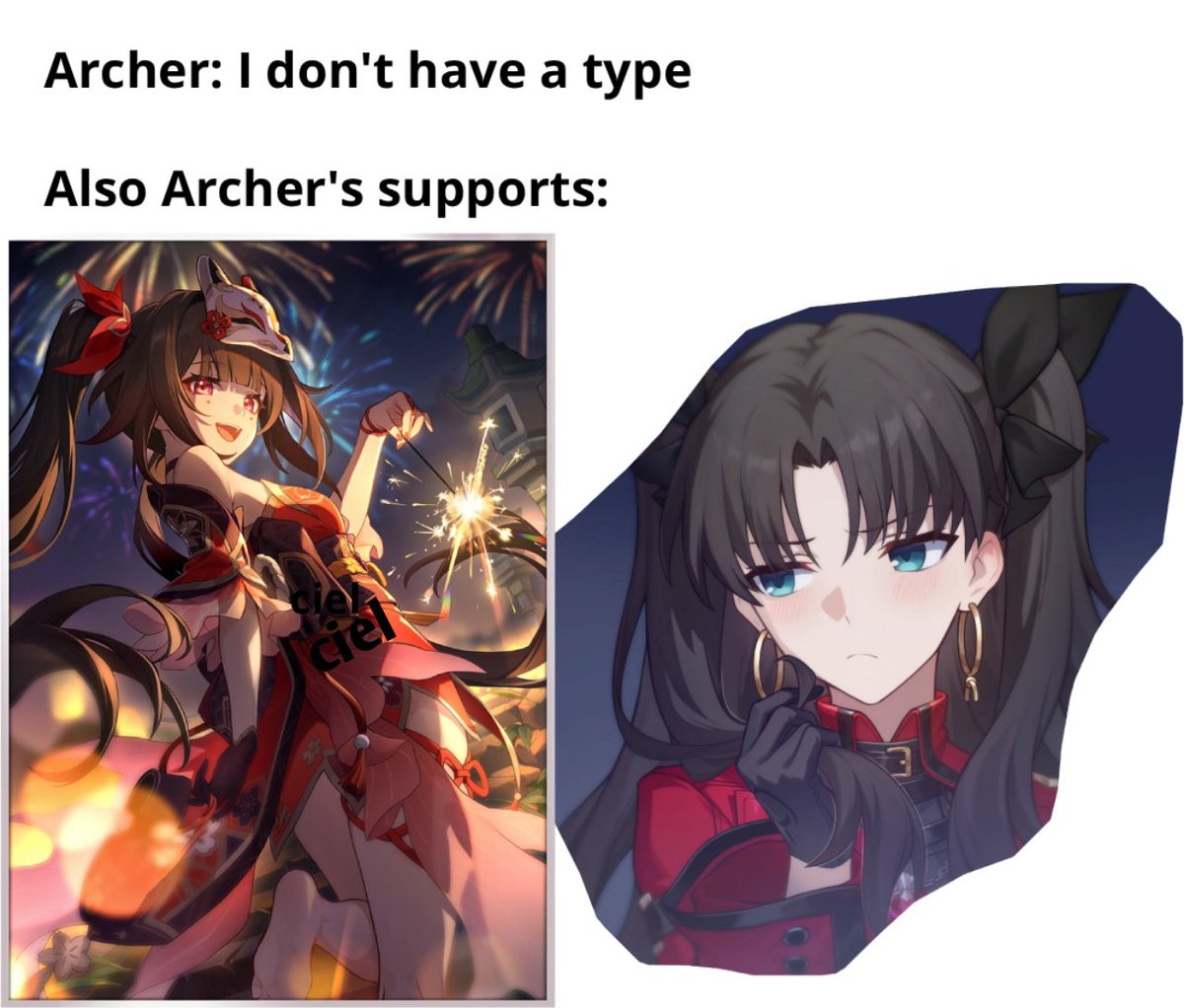 hsrmemes_'s tweet photo. Archer doesn't have a type

Twintails and red color.

#HonkaiStarRail https://t.co/6EfMwcZgH3