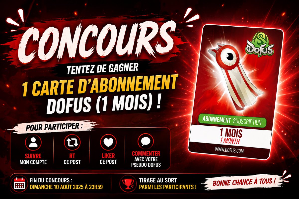 Shambels10's tweet photo. 🎉 CONCOURS DOFUS 🎉

Pour vous remercier de votre soutien, je fais gagner 1 Carte d’Abonnement DOFUS (1 mois) + la Cape Outshu ! 🎁

Pour participer :
✅ Suivre mon compte
🔁 RT ce post
❤️ Liker
💬 Commenter le @ d’un ami

📅 Fin du concours : 10/08/2026 à 23h59 https://t.co/PLfXBqFpgg