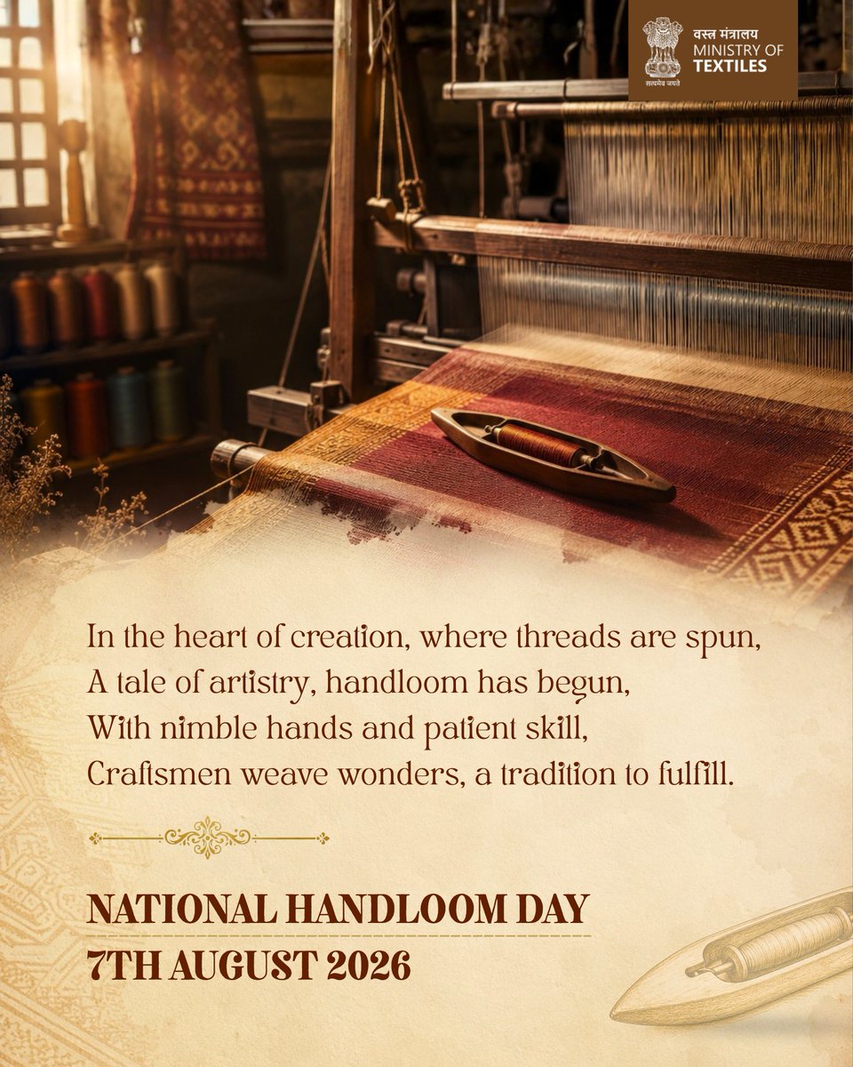 TexMinIndia's tweet photo. Threads woven with patience.
Patterns inspired by tradition.
Craftsmanship perfected over generations.

This National Handloom Day, we salute the weavers whose hands preserve India's cultural heritage and create fabrics that embody beauty, sustainability and timeless elegance.

#NationalHandloomDay #HandloomDay #IndianHandloom #TextileHeritage #SustainableFashion