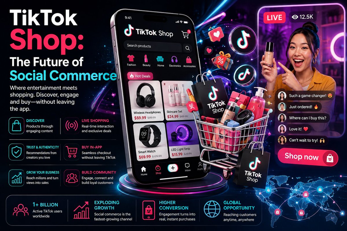 frenovara's tweet photo. TikTok Shop: The Future of Social Commerce explores how one of the world’s fastest-growing platforms is revolutionizing e-commerce by turning entertainment into instant purchasing opportunities. https://t.co/wQNyyWPEDH #ecommerce #TikTok #tiktopshop https://t.co/7j5g56Fdnv