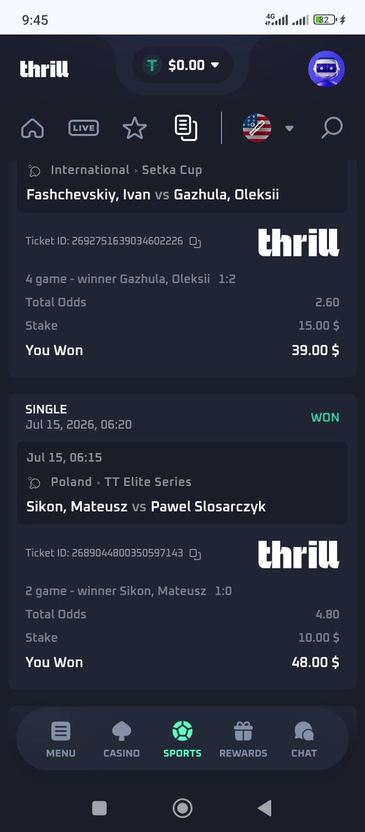 Skiemicch55's tweet photo. @Thrill_com Has to be this win, unbelievable 4 odds from a live table tennis 🎾 game. Can say i was lucky to jump on it. 

Thrill : Misimuse 

Happy anniversary 🫶🥳 https://t.co/NhQ9k3lts1