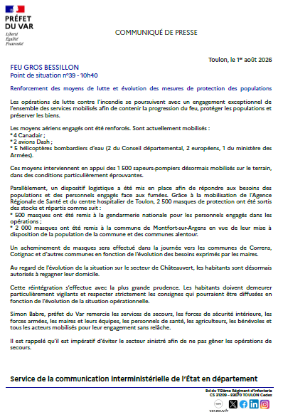 Prefet83's tweet photo. #Feu #GROSBESSILLON | Samedi 1er août  - 10h40
   ✔ Point de situation  
>Renforcement des moyens de lutte et évolution des mesures de protection des populations https://t.co/X8LIa8qefo