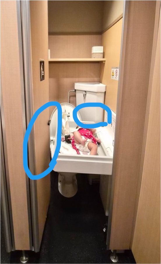 NiNuNeN's tweet photo. @TI75650484 @7_21cm 閉めた時にお母さんの立つ場所があるんですかね、、、？
台は扉ギリギリまであるので写真手前に立つことはできないでしょうし、便座に座ったら高さが足りない
青丸のところにはギリギリ立てる方がいるかもしれませんが、産後のママさんが使う想定としてはかなり無理がある気がします https://t.co/NpceaKZcAh