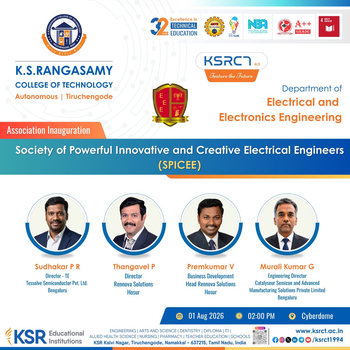 ksrct1994's tweet photo. ⚡ A new journey begins!

The Department of EEE, K.S. Rangasamy College of Technology, proudly inaugurated **SPICEE 2026**, inspiring students through expert talks, innovation, and industry collaboration to build future-ready engineers.

#KSRCT1994 #EEE #SPICEE2026 #Innovation https://t.co/kjKfzpHwsH