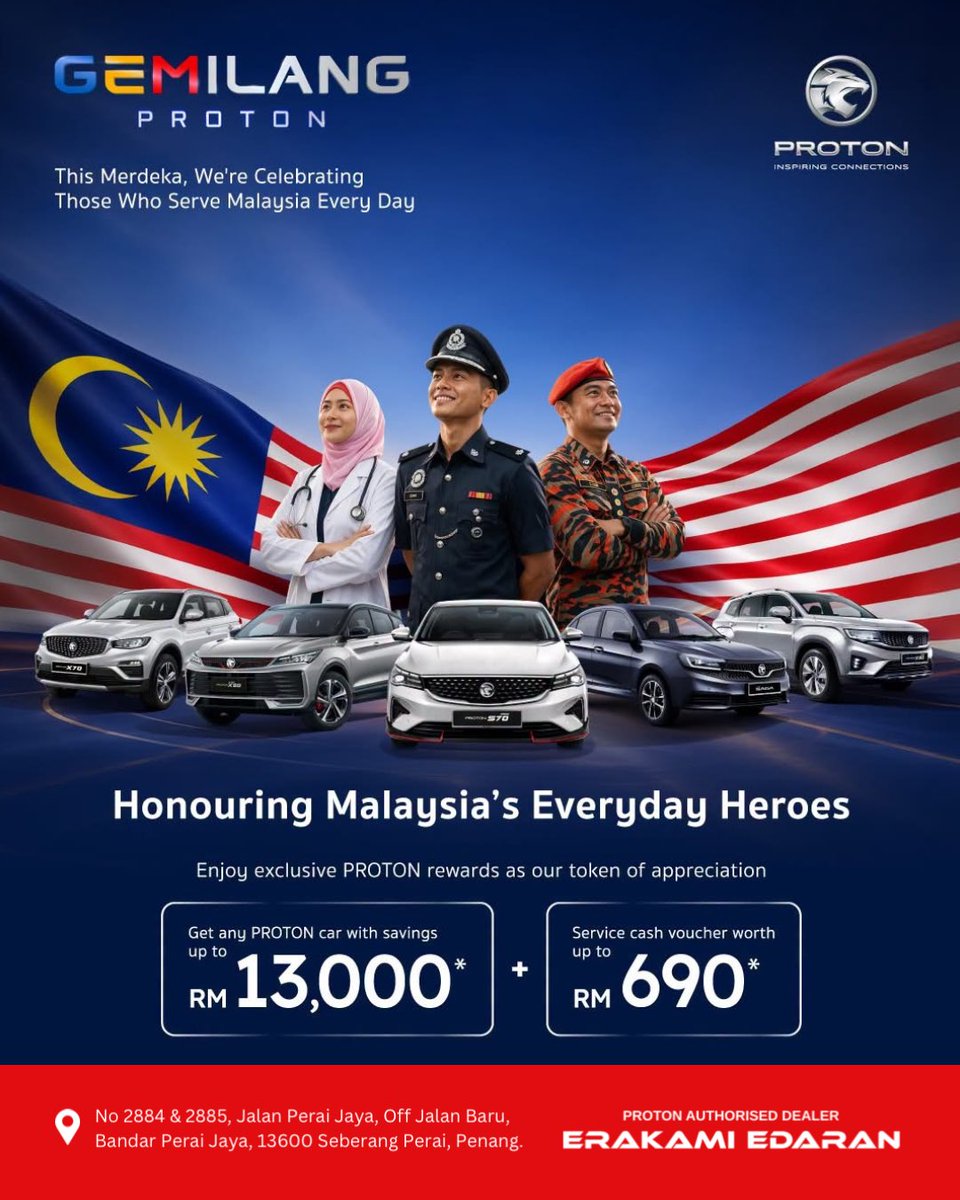 ProtonErakami's tweet photo. 💙💛❤️ Penghargaan khas kepada petugas barisan hadapan di Malaysia 🇲🇾

Nikmati tawaran eksklusif Gemilang Proton dengan nilai rebet sehingga RM13,000* dan baucer tunai servis sehingga RM690*

#GemilangProton #MalaysiaFrontliners
#ProtonErakamiEdaran #Merdeka69 https://t.co/fKyfItjMdu