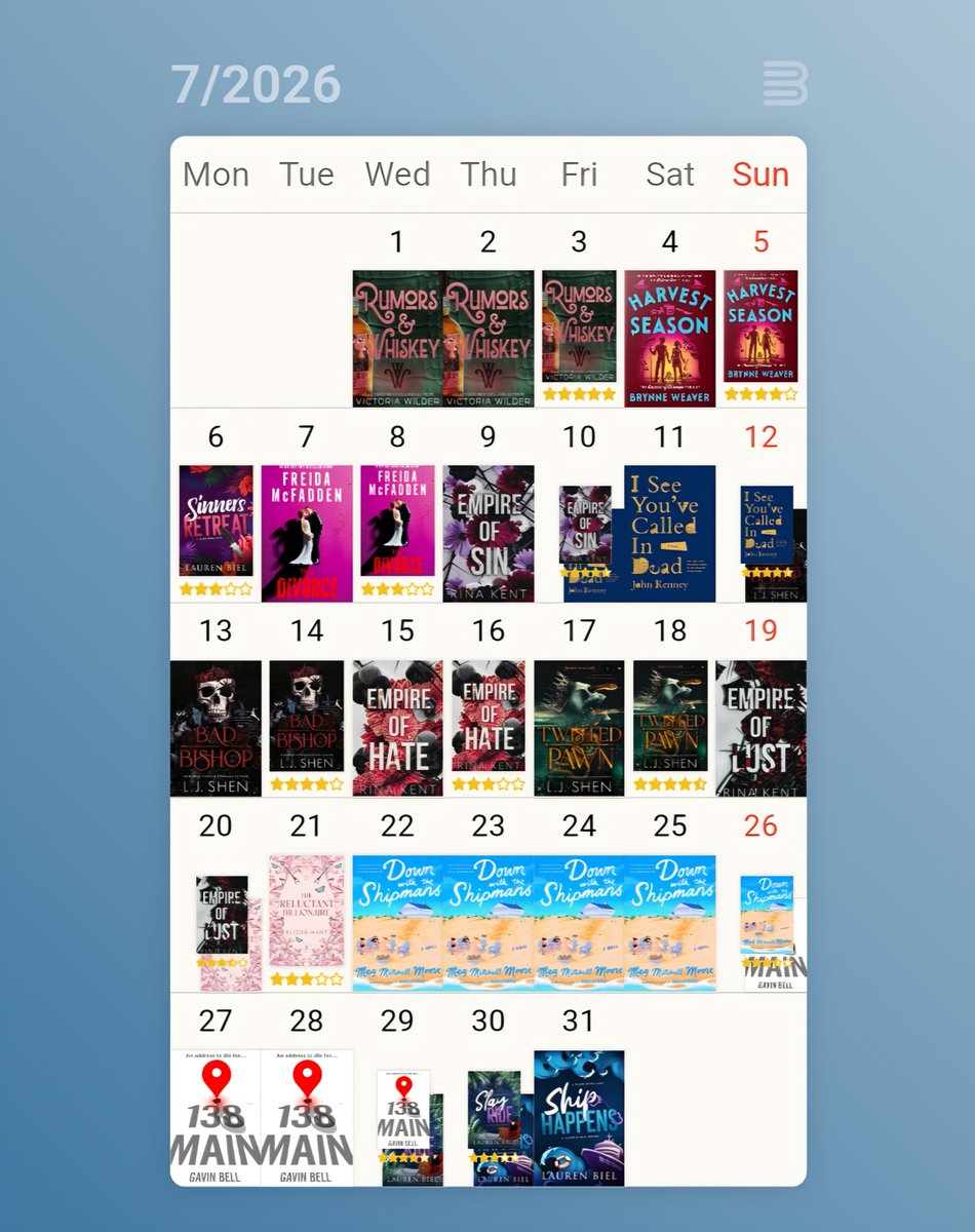 BBButler91's tweet photo. Here's my July books. I finished 14 books this month. Highlights were Rumors &amp; Whiskey, I See You've Called in Dead, Bad Bishop &amp; Twisted Pawn, and 138 Main. My reading goal for the year was 100. I guess I underestimated myself. I've finished 110 so far. https://t.co/rQ7vNMpNZT